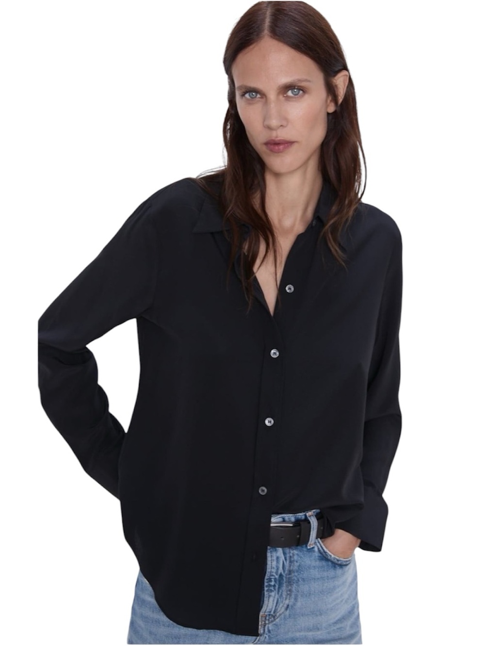 ZARA Flowy black satin-effect point collar, long sleeves button cuffs blouse